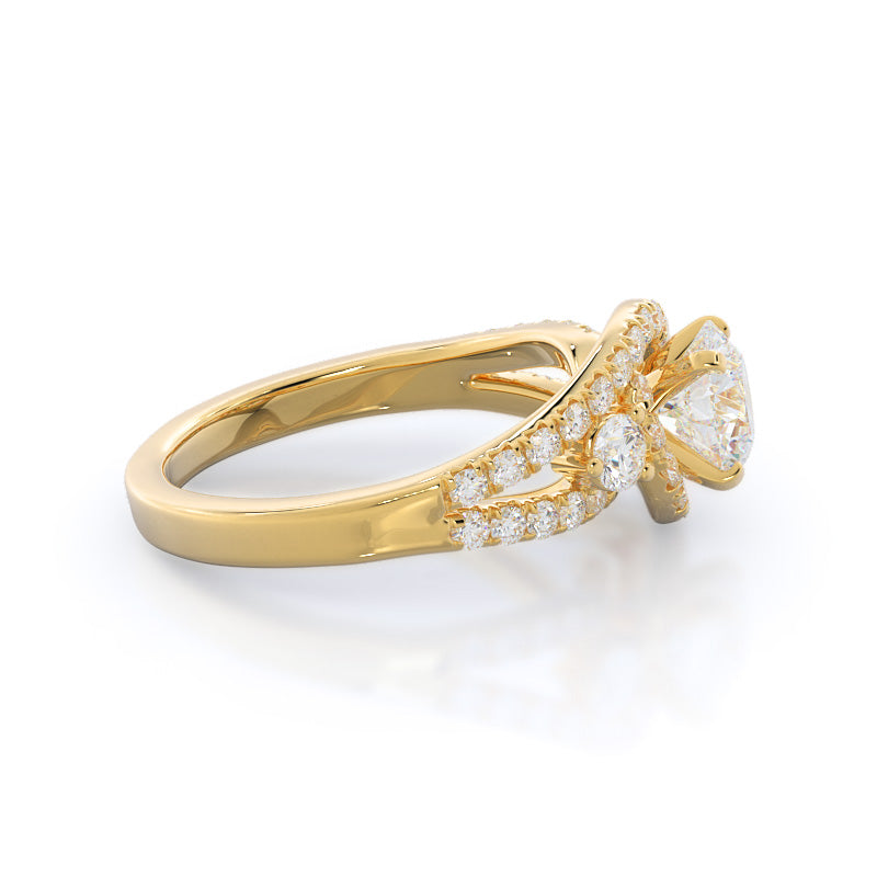 Round Cut Twisting Halo Tristone Diamond Engagement Ring with Lab Grown Diamond in 14KT Yellow Gold view 3
