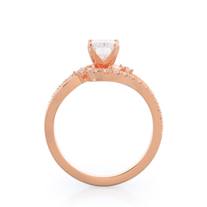 Two Tone Bypass Diamond Engagement Ring with Emerald Cut Diamond in 14KT Rose Gold view 2
