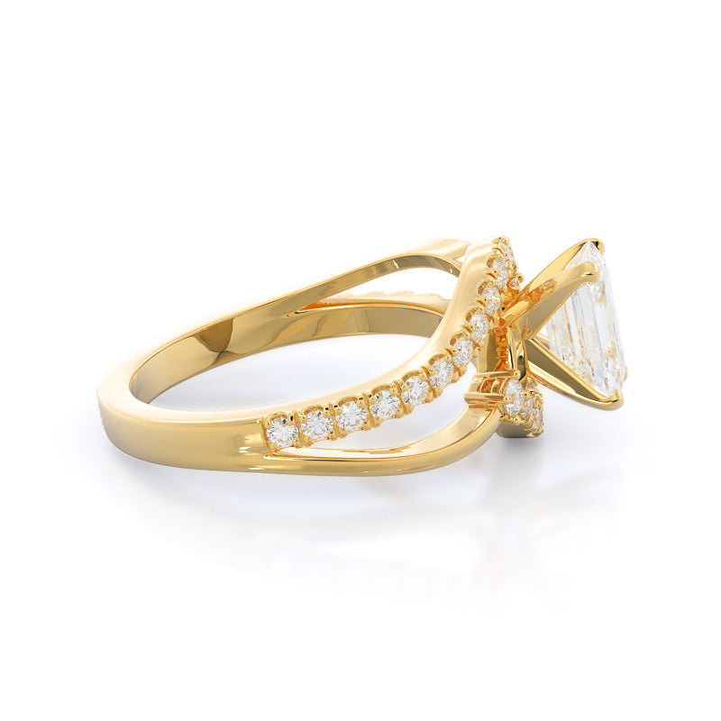Two Tone Bypass Diamond Engagement Ring with Emerald Cut Diamond in 14KT Yellow Gold view 3
