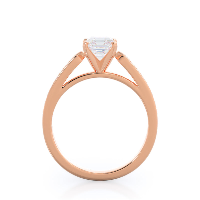 Tapered Cathedral Diamond Engagement Ring with Asscher Cut Diamond in 14KT Rose Gold view 2
