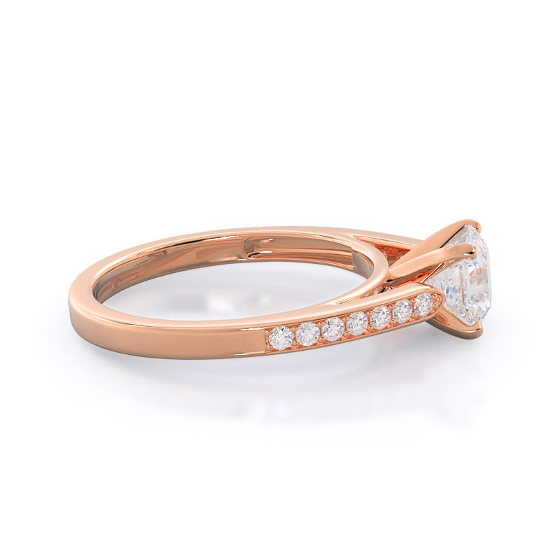 Tapered Cathedral Diamond Engagement Ring with Asscher Cut Diamond in 14KT Rose Gold view 3
