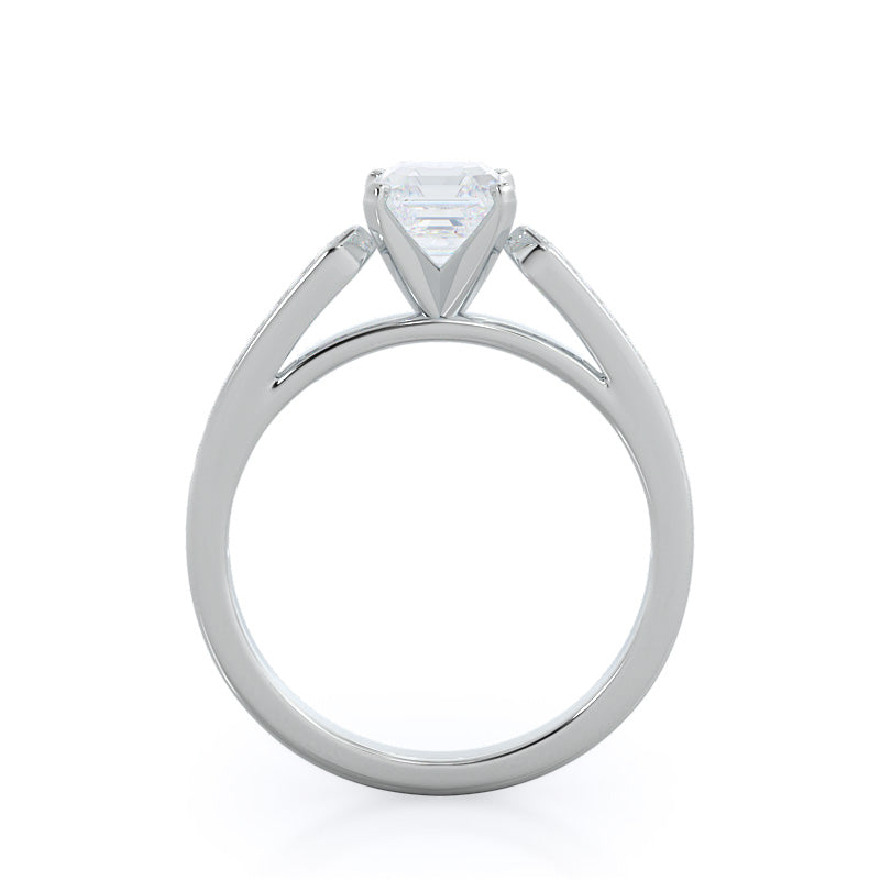Tapered Cathedral Diamond Engagement Ring with Asscher Cut Diamond in 14KT Platinum view 2
