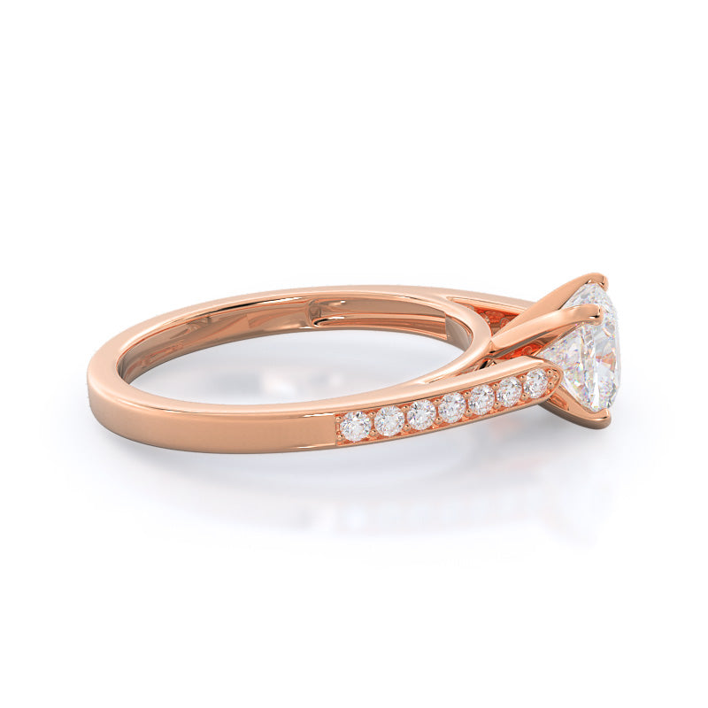 Tapered Cathedral Diamond Engagement Ring with Cushion Cut Diamond in 14KT Rose Gold view 3
