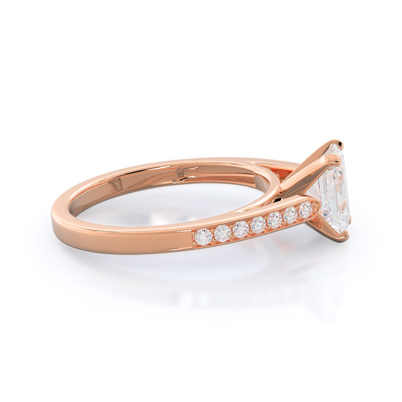 Tapered Cathedral Diamond Engagement Ring with Emerald Cut Diamond in 14KT Rose Gold view 3
