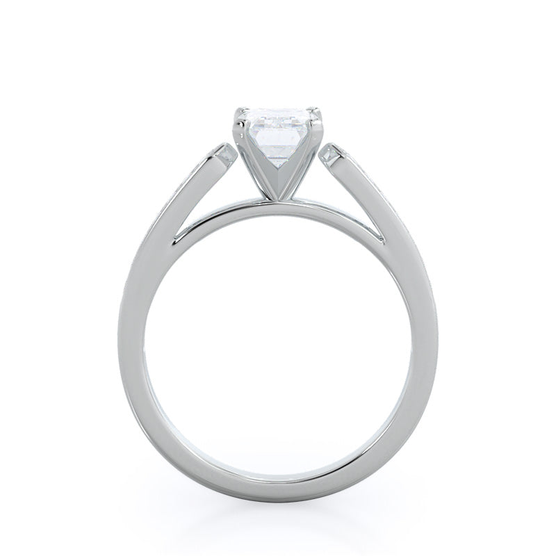 Tapered Cathedral Diamond Engagement Ring with Emerald Cut Diamond in 14KT Platinum view 2
