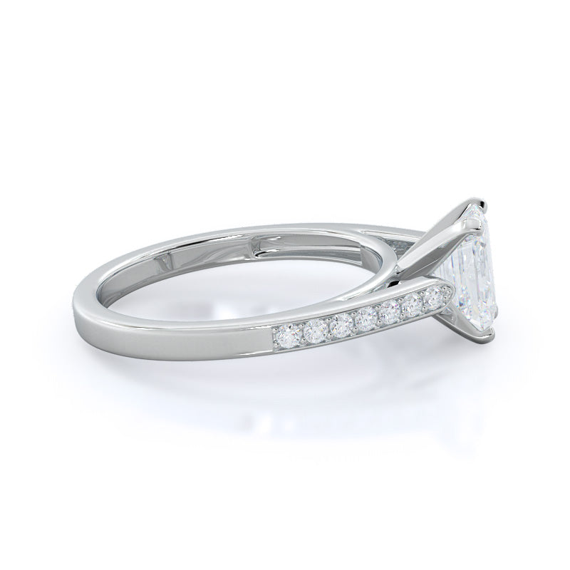 Tapered Cathedral Diamond Engagement Ring with Emerald Cut Diamond in 14KT Platinum view 3
