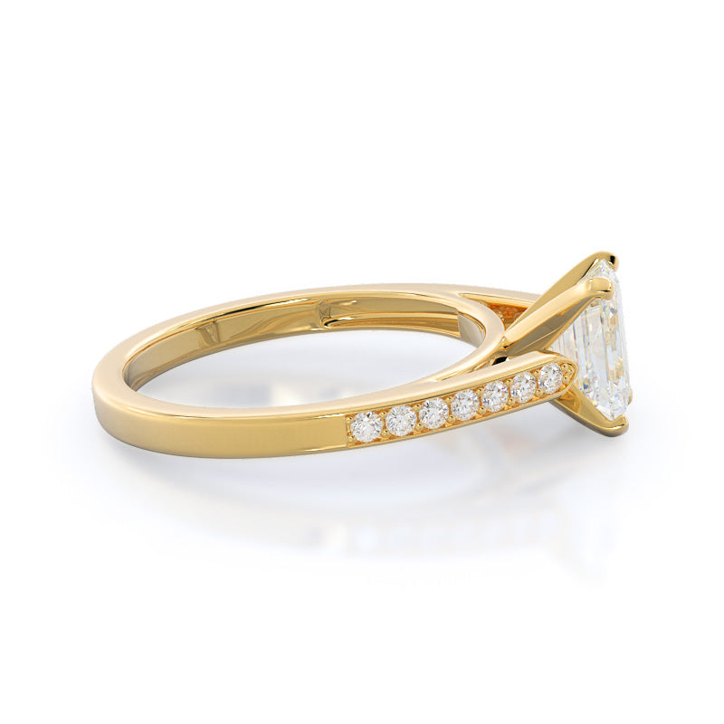 Tapered Cathedral Diamond Engagement Ring with Emerald Cut Diamond in 14KT Yellow Gold view 3

