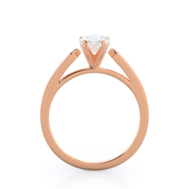 Tapered Cathedral Diamond Engagement Ring with Pear Cut Diamond in 14KT Rose Gold view 2
