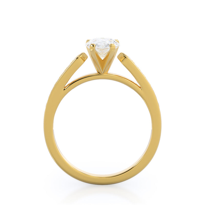 Tapered Cathedral Diamond Engagement Ring with Pear Cut Diamond in 14KT Yellow Gold view 2
