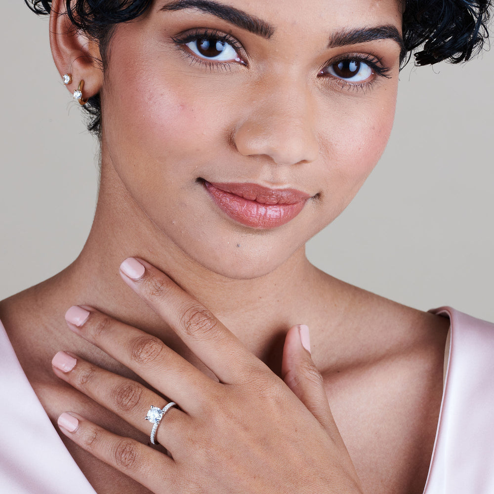 Model Wearing 2 1/5 cttw Oval Cut French Cut Pave Diamond Engagement Ring view
