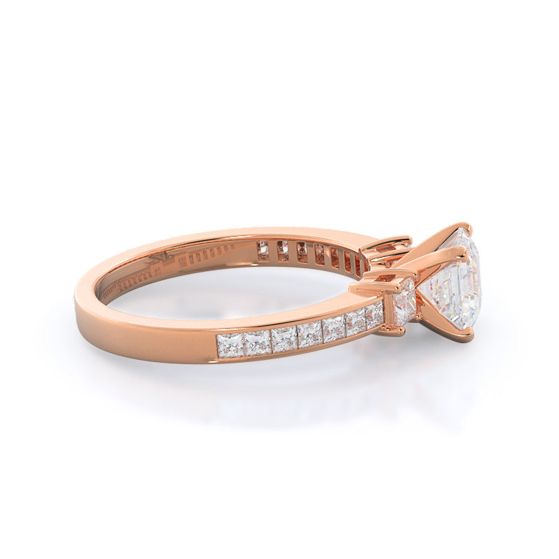 Three Stone Princess Studded Engagement Ring with Asscher Cut Diamond in 14KT Rose Gold view 3
