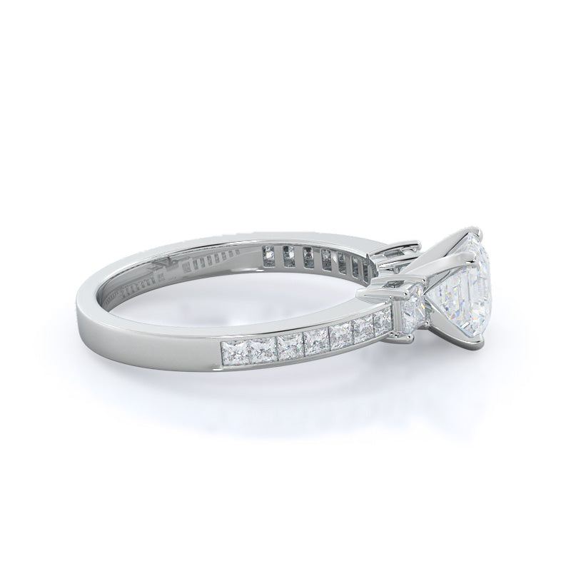 Three Stone Princess Studded Engagement Ring with Asscher Cut Diamond in 14KT Platinum view 3
