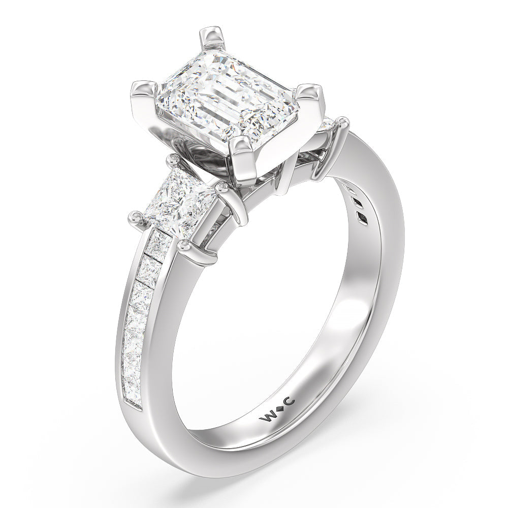 Three Stone Princess Studded Engagement Ring with Emerald Cut Diamond in 14KT Platinum view 3
