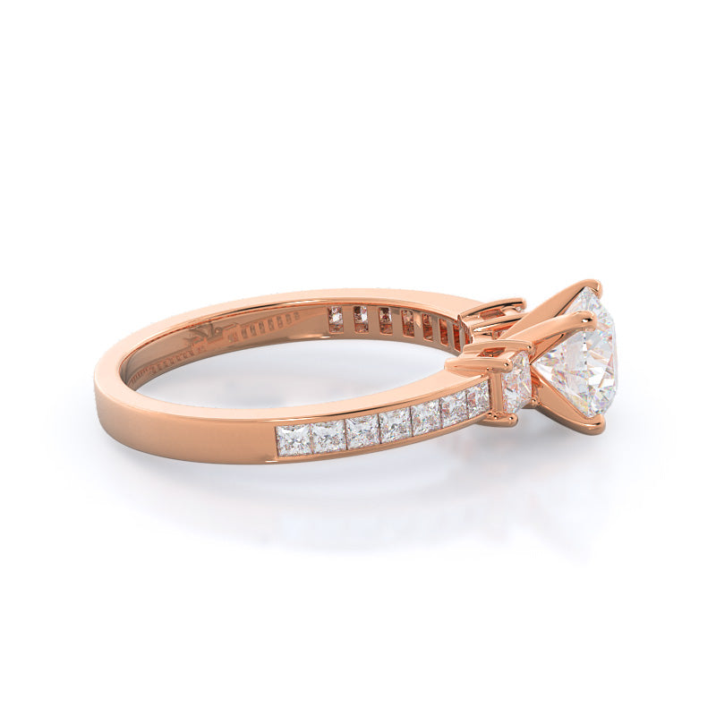 Three Stone Princess Studded Engagement Ring with Round Cut Diamond in 14KT Rose Gold view 3
