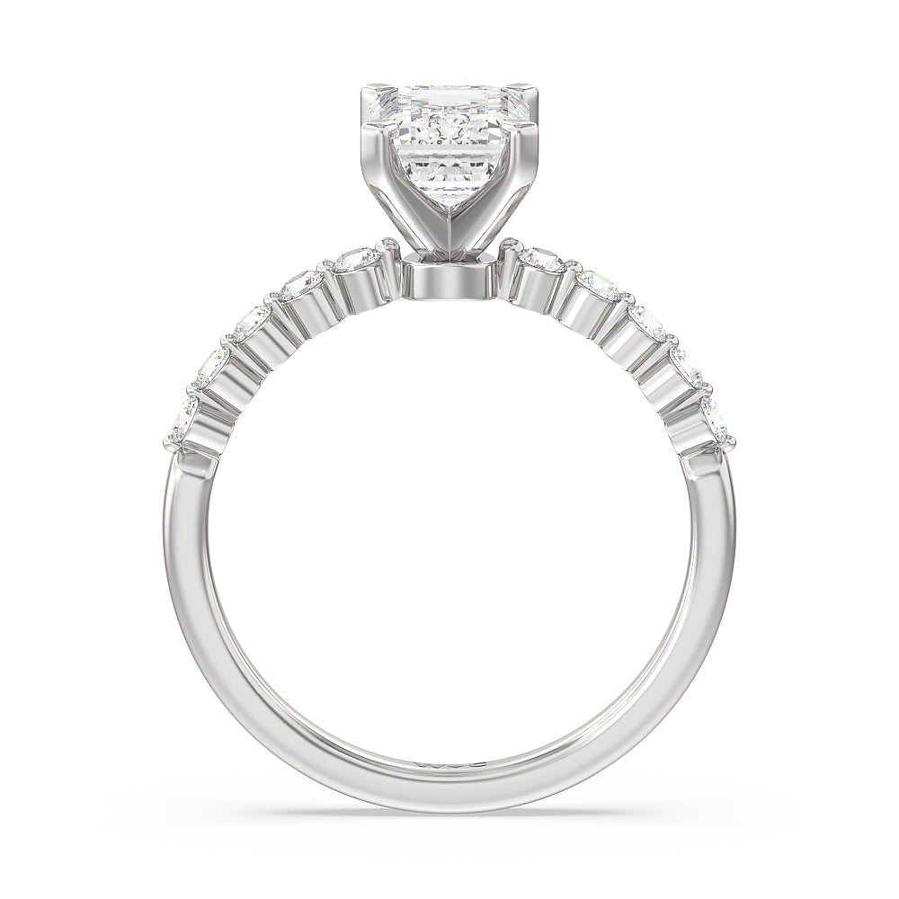 Under Bezeled Accent Diamond Engagement Ring with Emerald Cut Diamond in 14KT Platinum view 2
