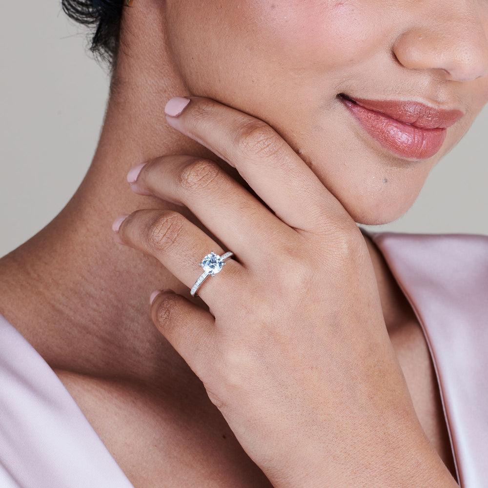 Model Wearing Channel Set Diamond Engagement Ring view