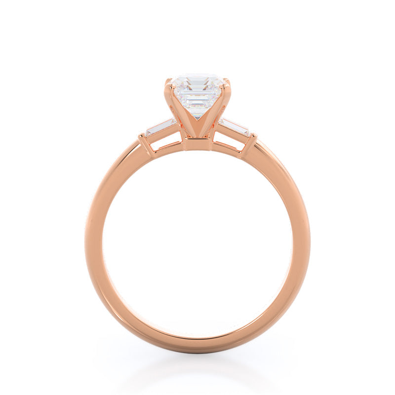 Three Stone Baguette Engagement Ring with Asscher Cut Diamond in 14KT Rose Gold view 2
