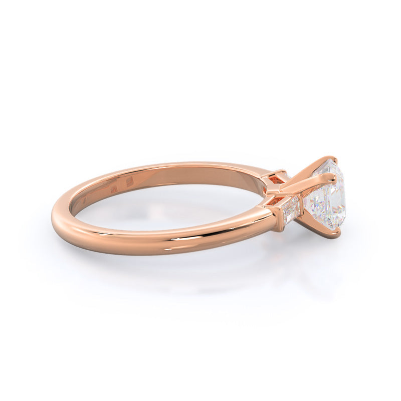 Three Stone Baguette Engagement Ring with Asscher Cut Diamond in 14KT Rose Gold view 3
