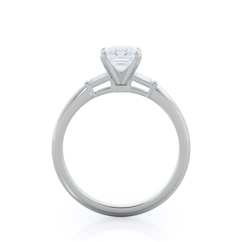 Three Stone Baguette Engagement Ring with Asscher Cut Diamond in 14KT Platinum view 2
