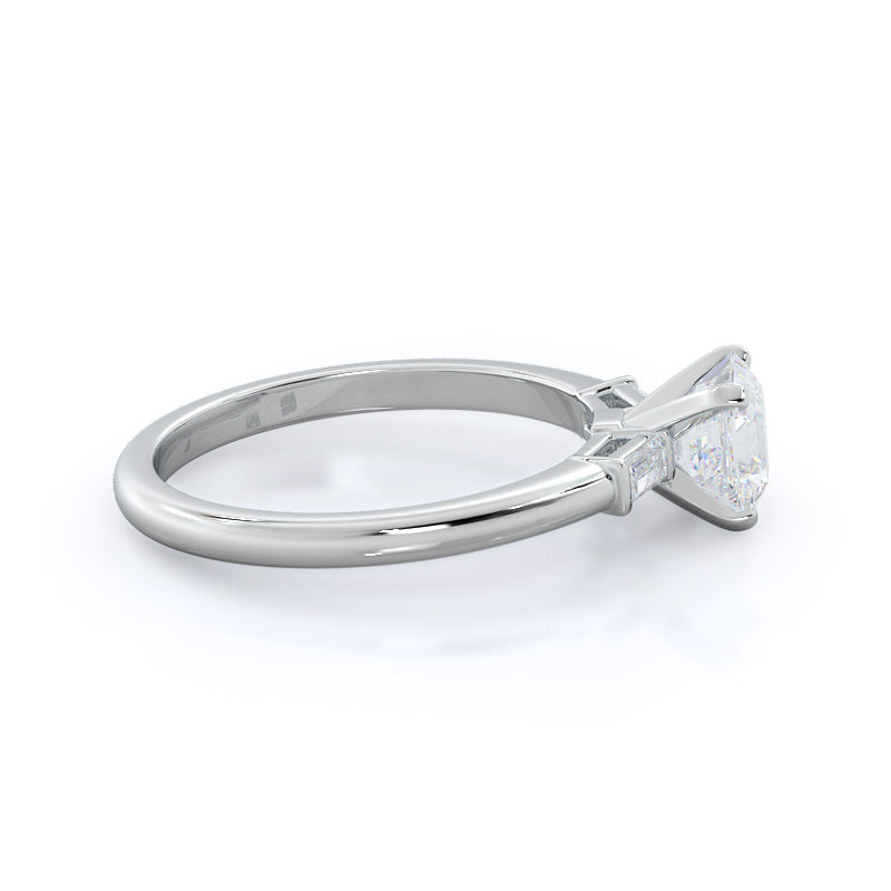 Three Stone Baguette Engagement Ring with Asscher Cut Diamond in 14KT Platinum view 3
