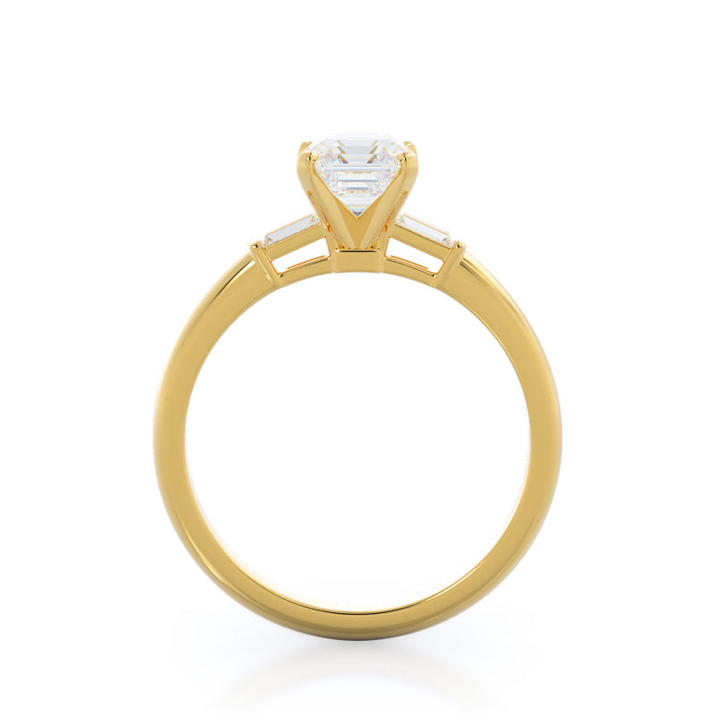 Three Stone Baguette Engagement Ring with Asscher Cut Diamond in 14KT Yellow Gold view 2
