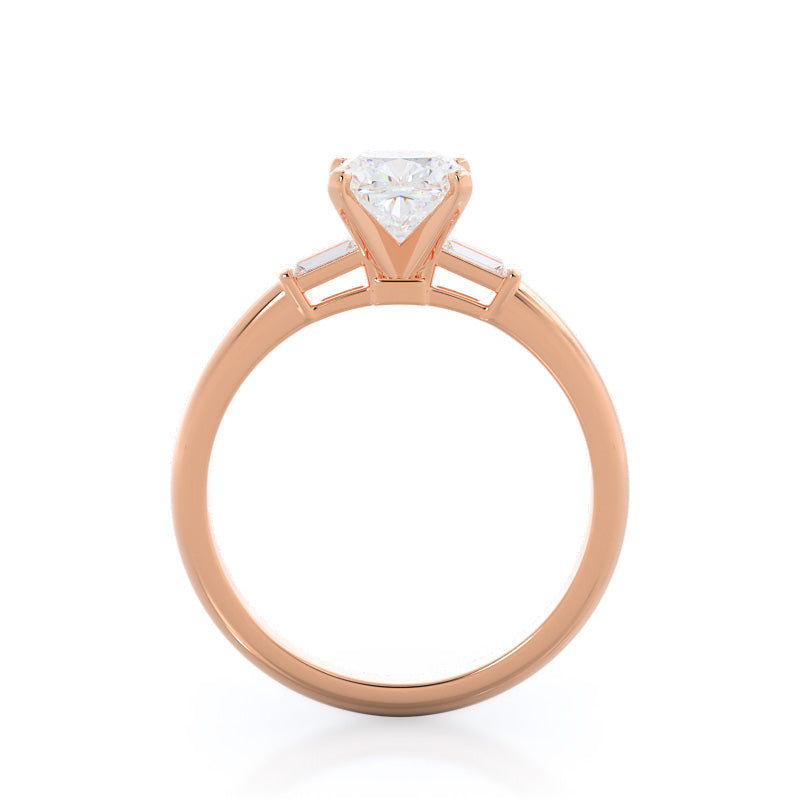 Three Stone Baguette Engagement Ring with Cushion Cut Diamond in 14KT Rose Gold view 2
