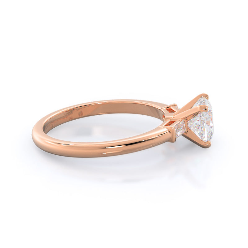 Three Stone Baguette Engagement Ring with Cushion Cut Diamond in 14KT Rose Gold view 3
