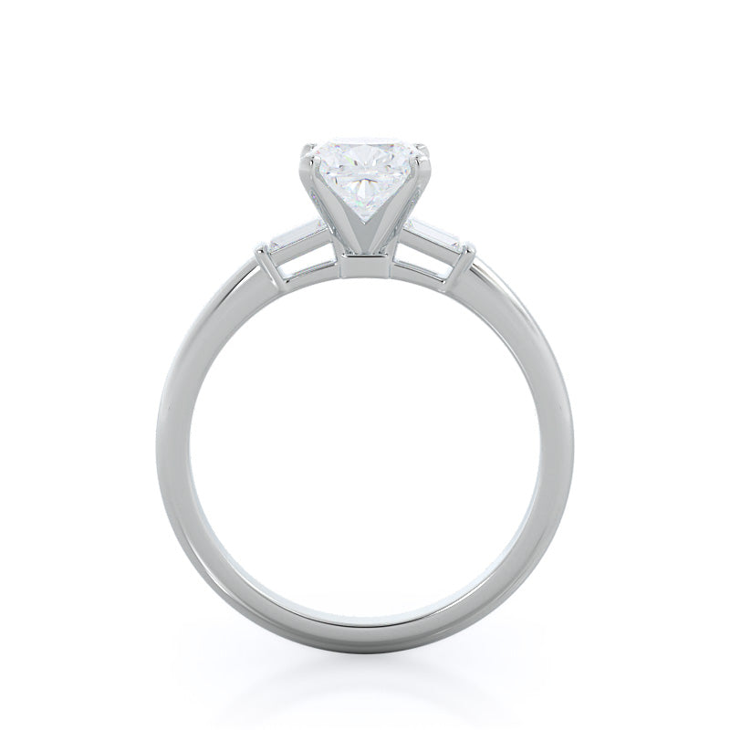 Three Stone Baguette Engagement Ring with Cushion Cut Diamond in 14KT Platinum view 2
