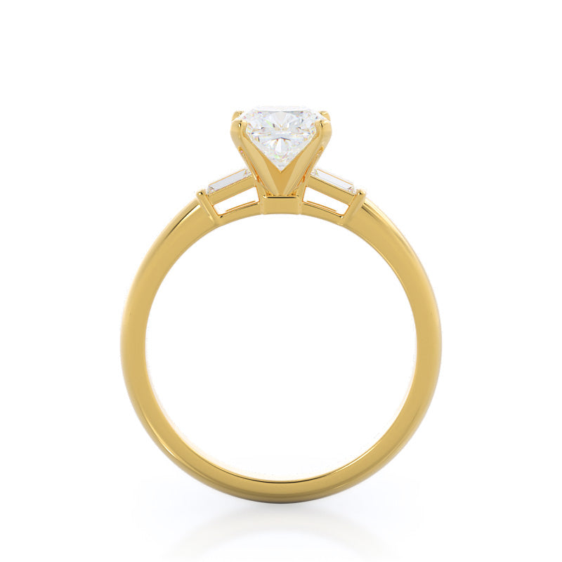 Three Stone Baguette Engagement Ring with Cushion Cut Diamond in 14KT Yellow Gold view 2
