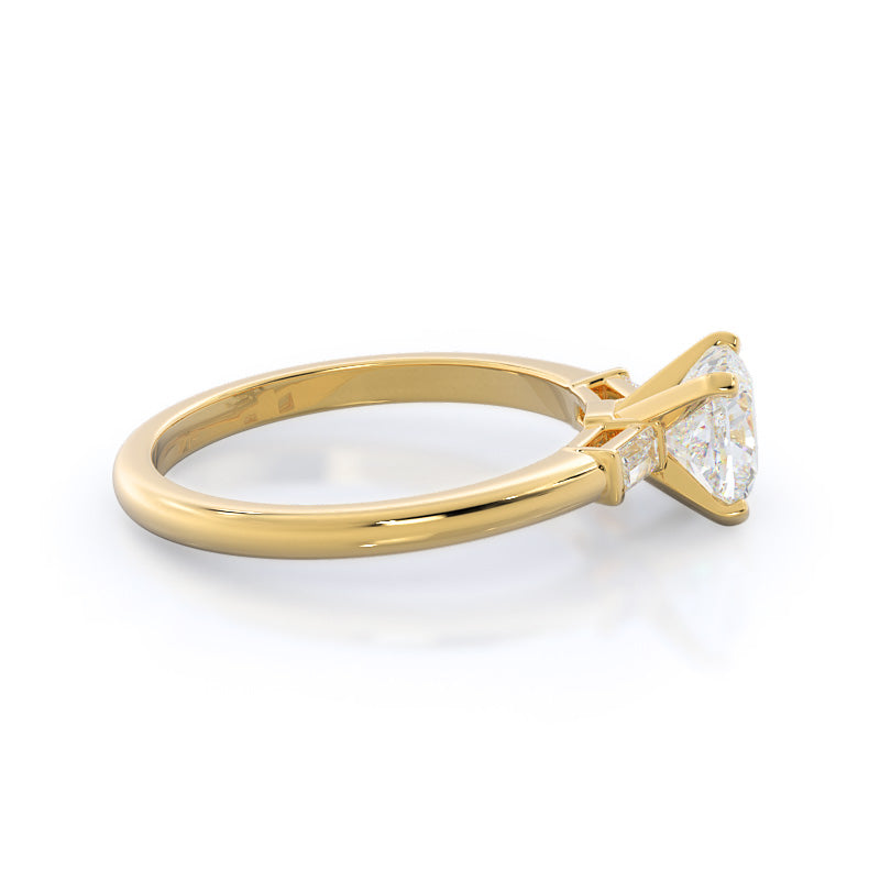 Three Stone Baguette Engagement Ring with Cushion Cut Diamond in 14KT Yellow Gold view 3
