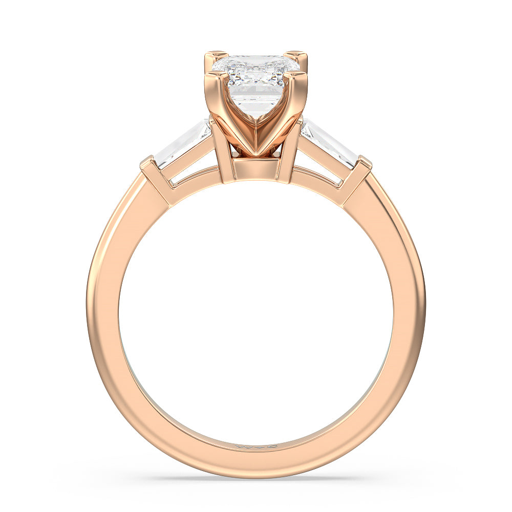 Three Stone Baguette Engagement Ring with Emerald Cut Diamond in 14KT Rose Gold view 2
