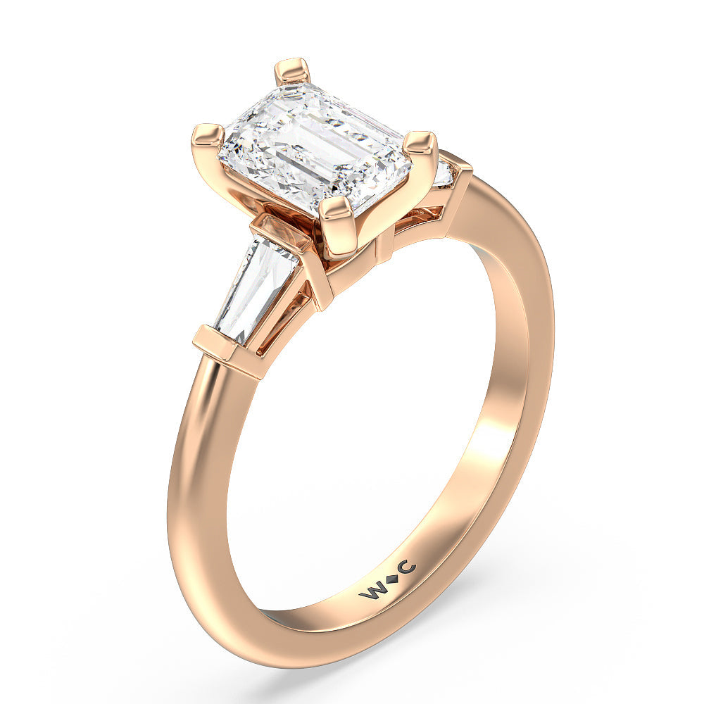 Three Stone Baguette Engagement Ring with Emerald Cut Diamond in 14KT Rose Gold view 3
