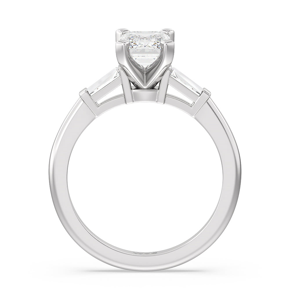 Three Stone Baguette Engagement Ring with Emerald Cut Diamond in 14KT Platinum view 2
