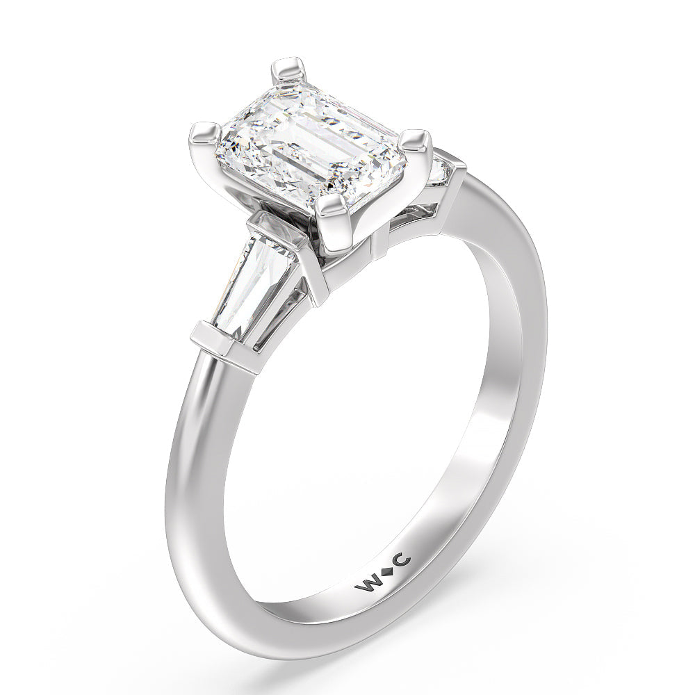 Three Stone Baguette Engagement Ring with Emerald Cut Diamond in 14KT Platinum view 3
