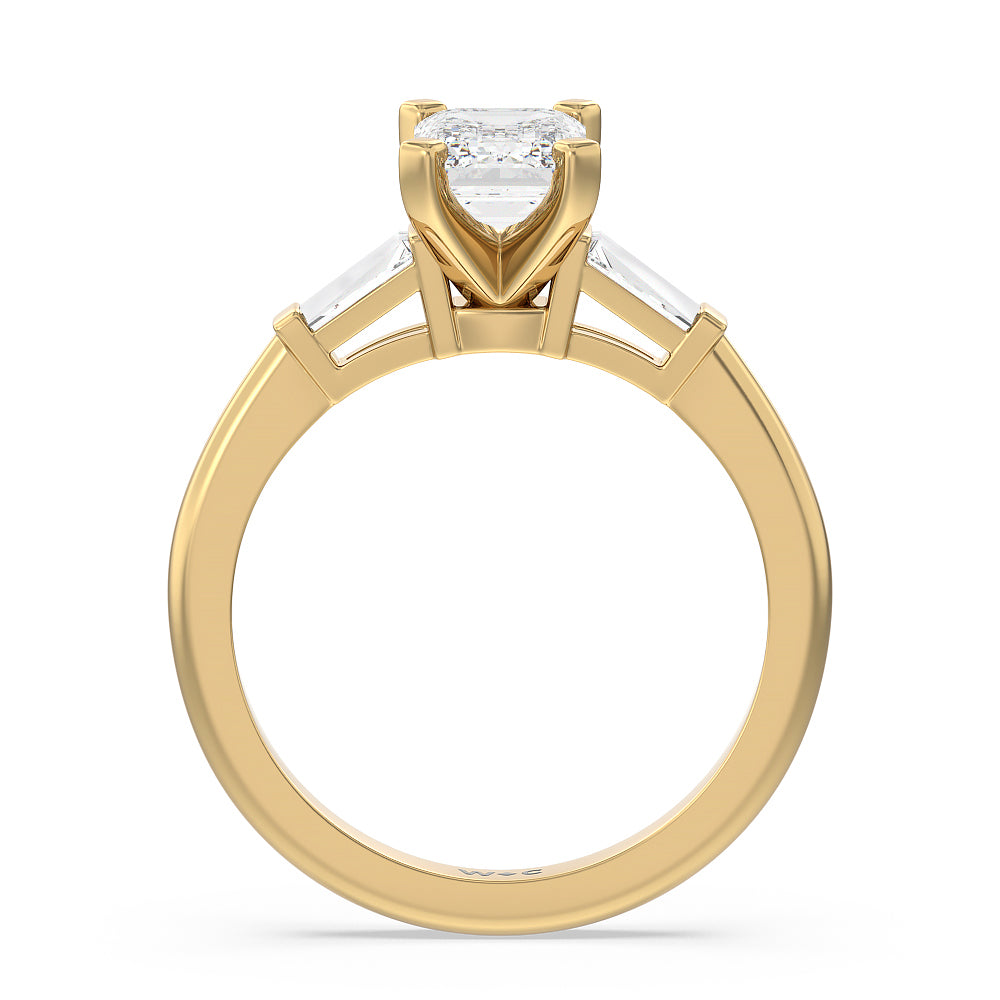 Three Stone Baguette Engagement Ring with Emerald Cut Diamond in 14KT Yellow Gold view 2
