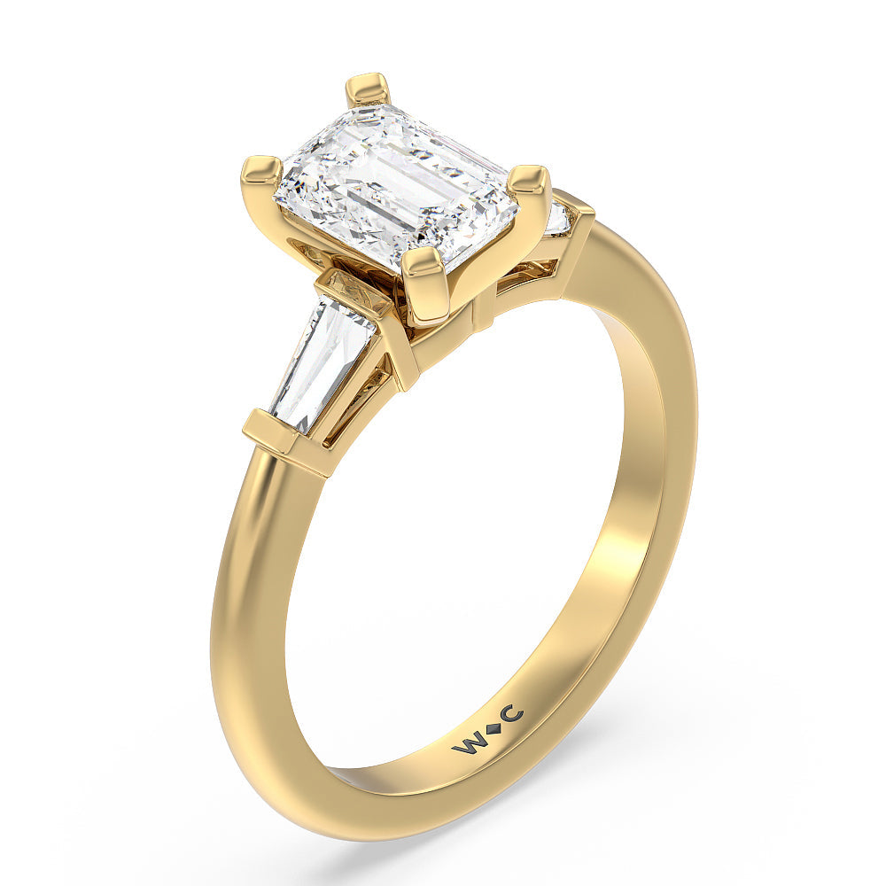 Three Stone Baguette Engagement Ring with Emerald Cut Diamond in 14KT Yellow Gold view 3
