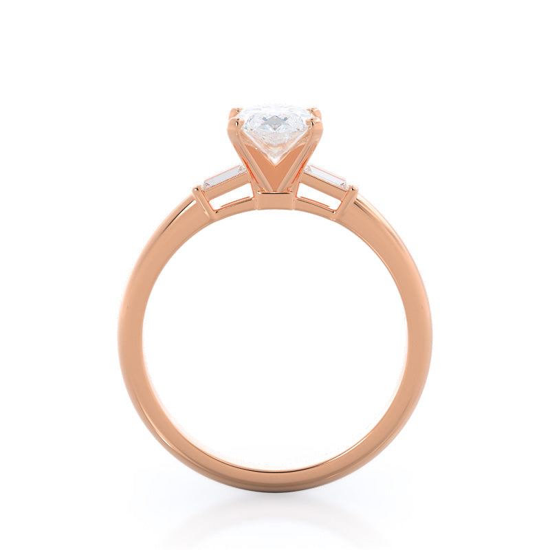 Three Stone Baguette Engagement Ring with Marquise Cut Diamond in 14KT Rose Gold view 2
