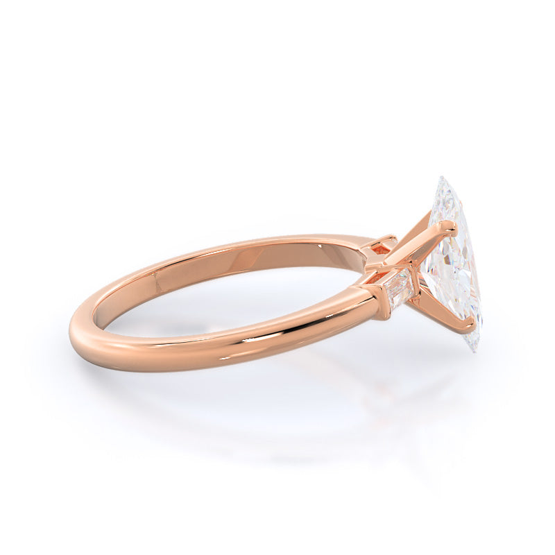 Three Stone Baguette Engagement Ring with Marquise Cut Diamond in 14KT Rose Gold view 3
