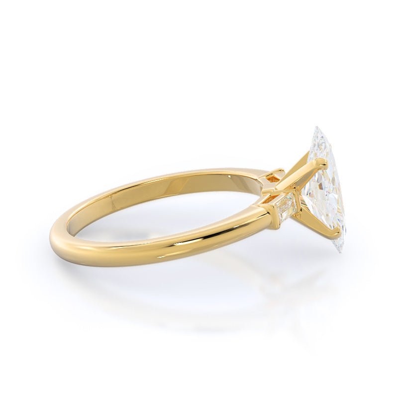 Three Stone Baguette Engagement Ring with Marquise Cut Diamond in 14KT Yellow Gold view 3
