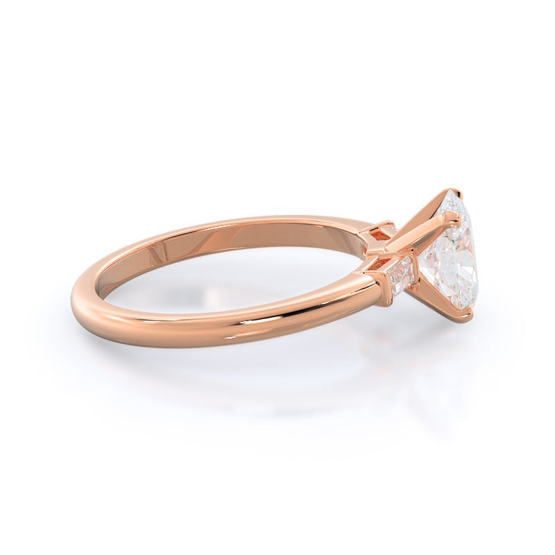 Three Stone Baguette Engagement Ring with Oval Cut Diamond in 14KT Rose Gold view 3
