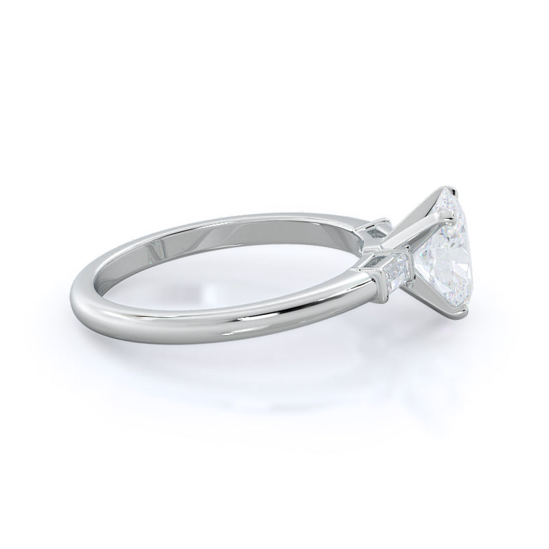 Three Stone Baguette Engagement Ring with Oval Cut Diamond in 14KT Platinum view 3
