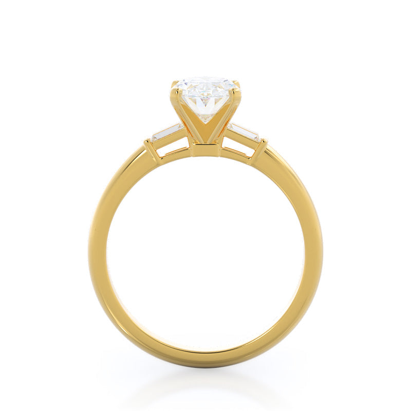 Three Stone Baguette Engagement Ring with Oval Cut Diamond in 14KT Yellow Gold view 2
