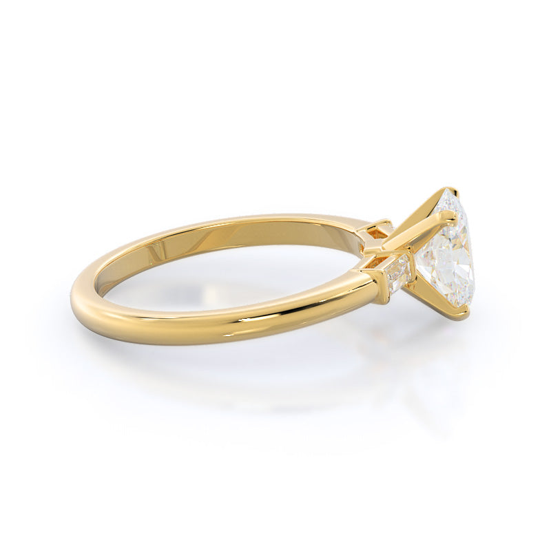 Three Stone Baguette Engagement Ring with Oval Cut Diamond in 14KT Yellow Gold view 3
