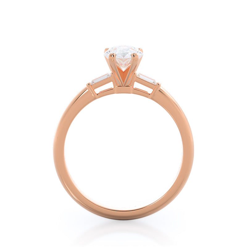 Three Stone Baguette Engagement Ring with Pear Cut Diamond in 14KT Rose Gold view 2

