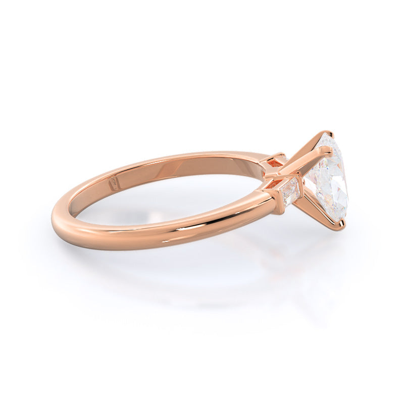 Three Stone Baguette Engagement Ring with Pear Cut Diamond in 14KT Rose Gold view 3
