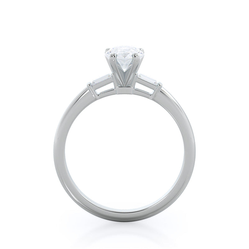 Three Stone Baguette Engagement Ring with Pear Cut Diamond in 14KT Platinum view 2
