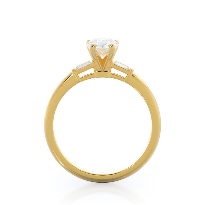 Three Stone Baguette Engagement Ring with Pear Cut Diamond in 14KT Yellow Gold view 2

