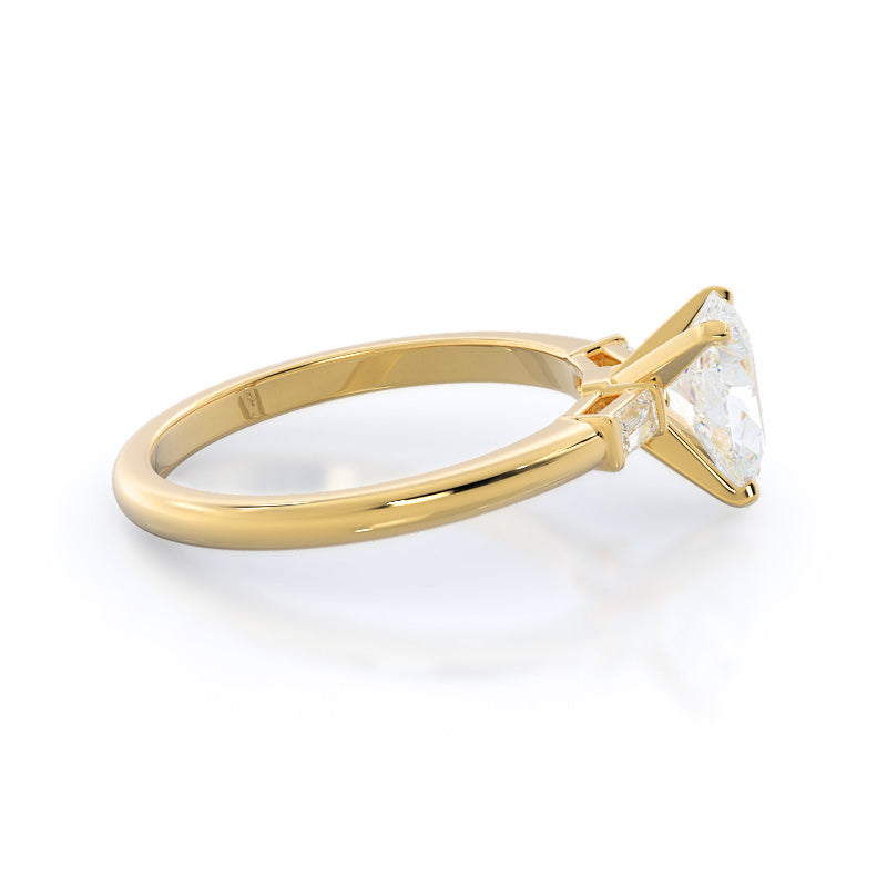 Three Stone Baguette Engagement Ring with Pear Cut Diamond in 14KT Yellow Gold view 3
