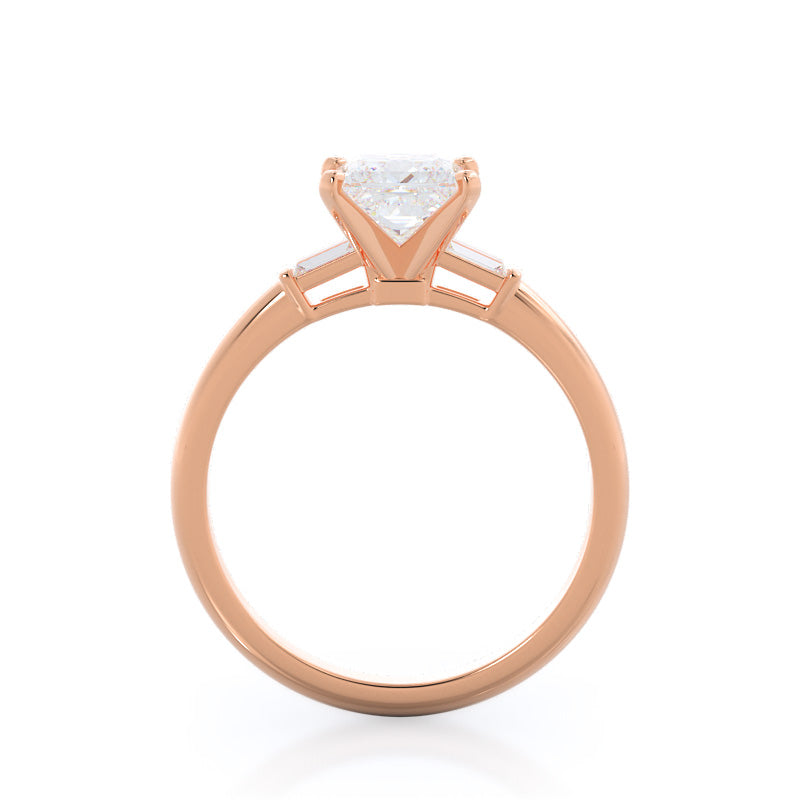 Three Stone Baguette Engagement Ring with Princess Cut Diamond in 14KT Rose Gold view 2
