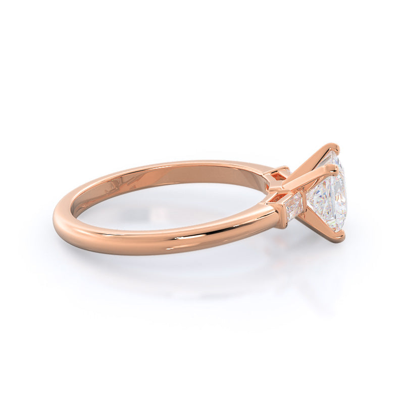 Three Stone Baguette Engagement Ring with Princess Cut Diamond in 14KT Rose Gold view 3
